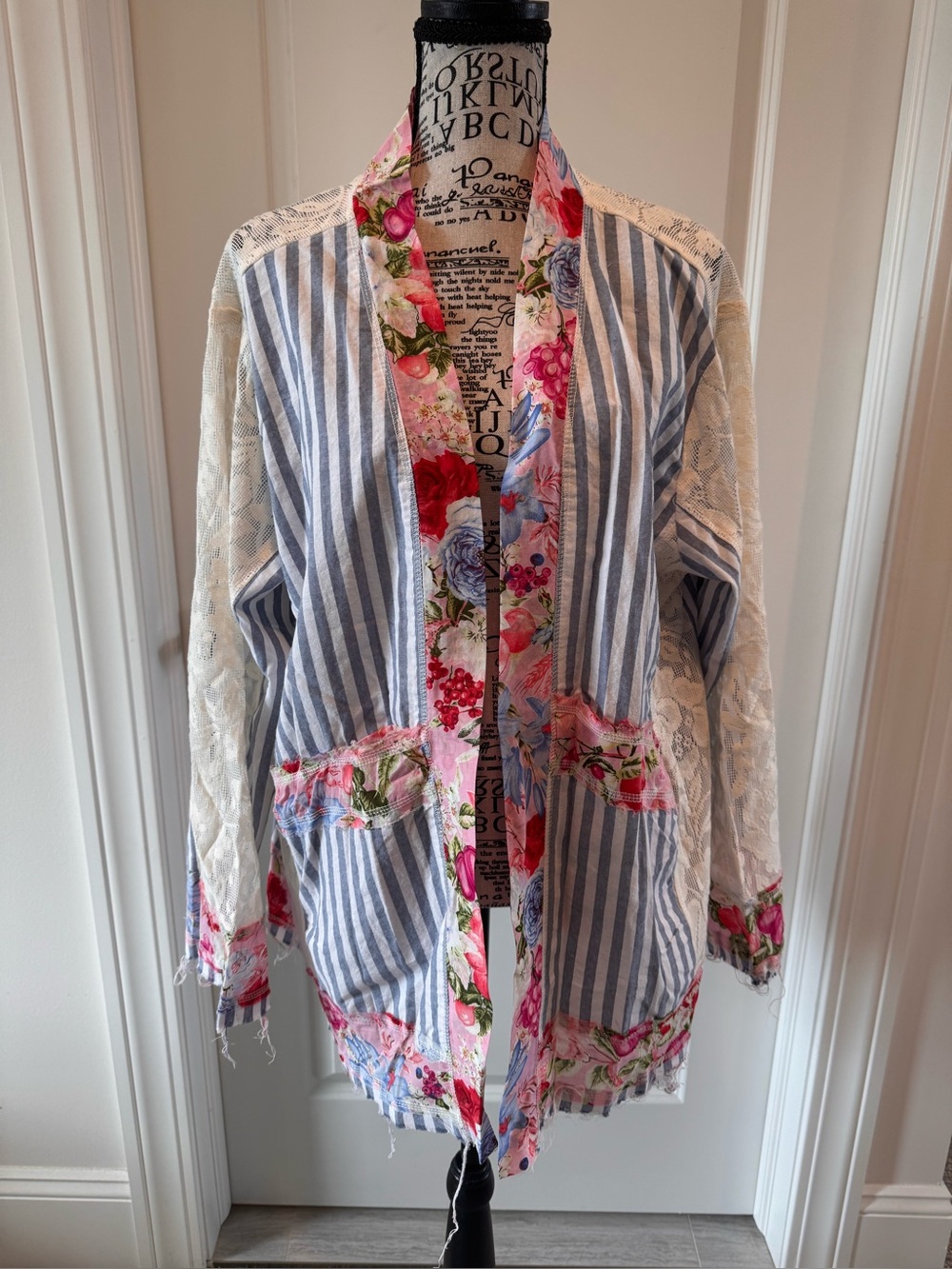 POL Floral + Blue & White Stripe Lace Top — Brand New (No Tags)